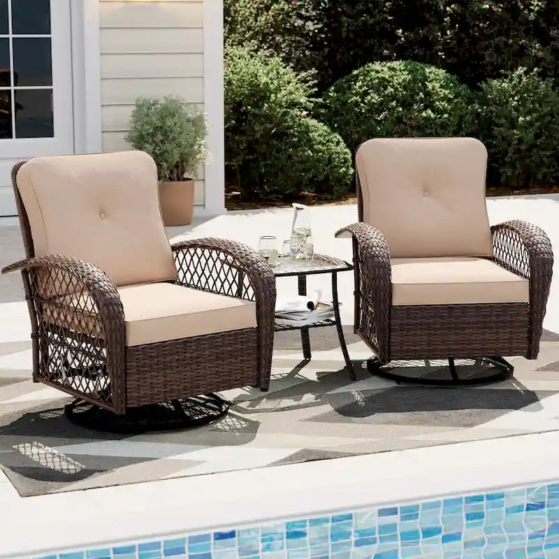 UPHA 3-Piece Patio Outdoor Wicker Swivel Rocking Chair Set with Side Table and Cushions