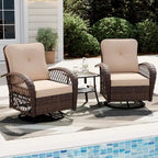 UPHA 3-Piece Patio Outdoor Wicker Swivel Rocking Chair Set with Side Table and Cushions