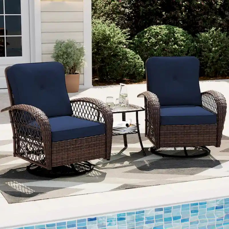 Ensemble de 3 fauteuils à bascule pivotants d'extérieur en osier UPHA avec table d'appoint et coussins