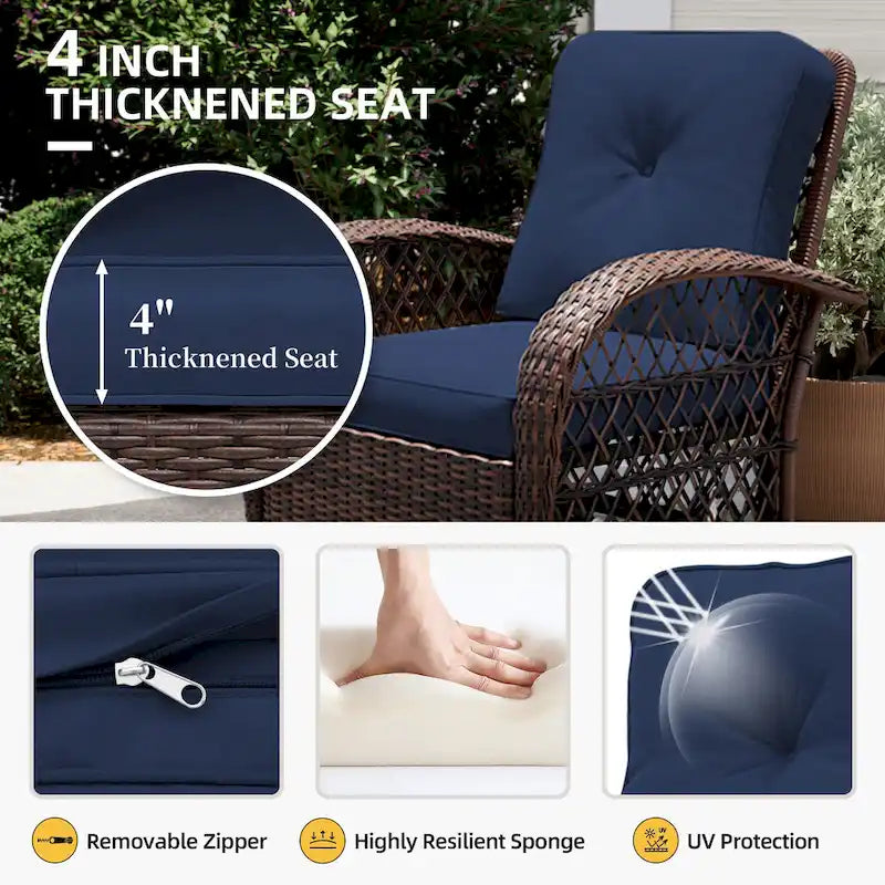 Ensemble de 3 fauteuils à bascule pivotants d'extérieur en osier UPHA avec table d'appoint et coussins