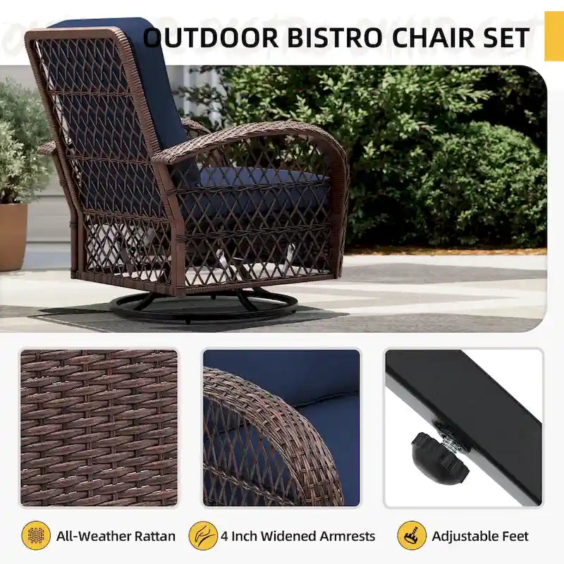 Ensemble de 3 fauteuils à bascule pivotants d'extérieur en osier UPHA avec table d'appoint et coussins