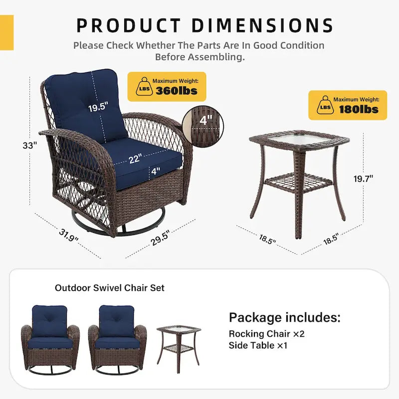Ensemble de 3 fauteuils à bascule pivotants d'extérieur en osier UPHA avec table d'appoint et coussins