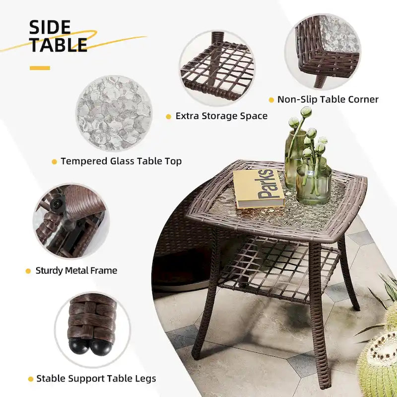 Ensemble de 3 fauteuils à bascule pivotants d'extérieur en osier UPHA avec table d'appoint et coussins