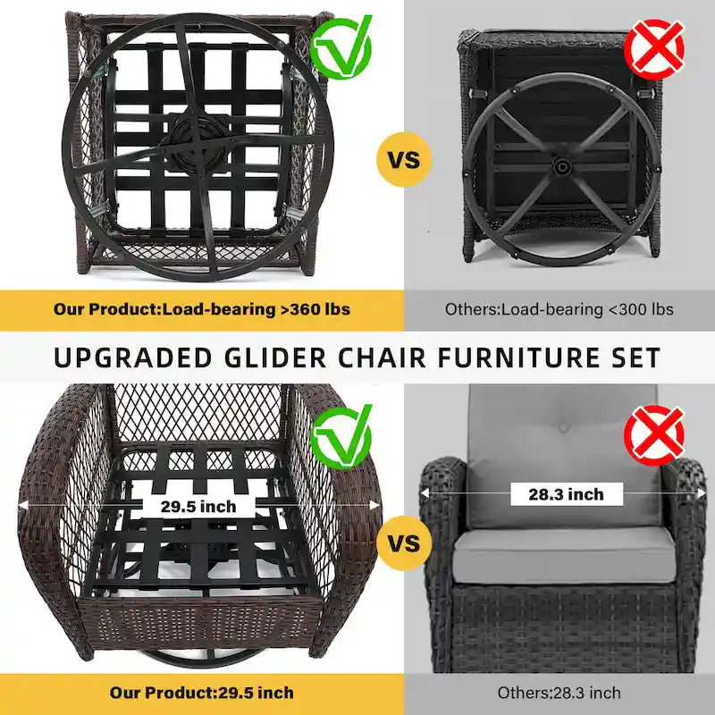 Ensemble de 3 fauteuils à bascule pivotants d'extérieur en osier UPHA avec table d'appoint et coussins