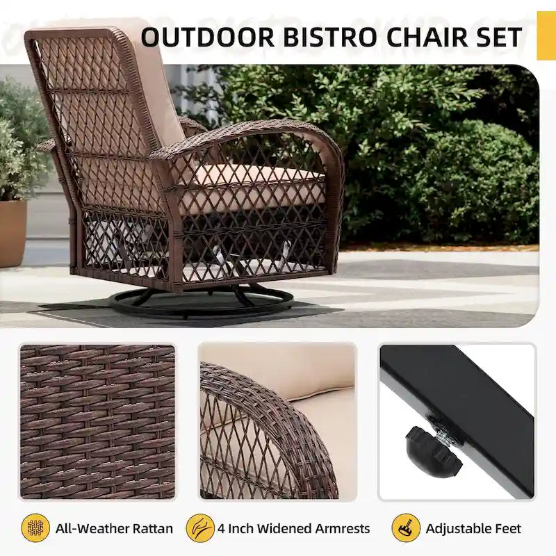 Ensemble de 3 fauteuils à bascule pivotants d'extérieur en osier UPHA avec table d'appoint et coussins