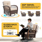 Ensemble de 3 fauteuils à bascule pivotants d'extérieur en osier UPHA avec table d'appoint et coussins