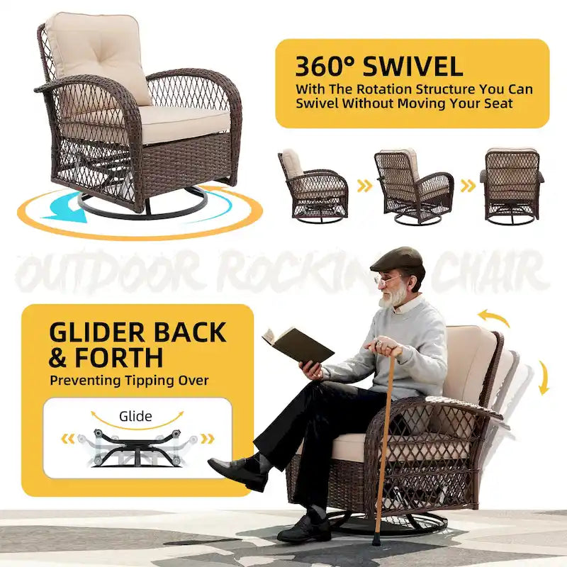 Ensemble de 3 fauteuils à bascule pivotants d'extérieur en osier UPHA avec table d'appoint et coussins