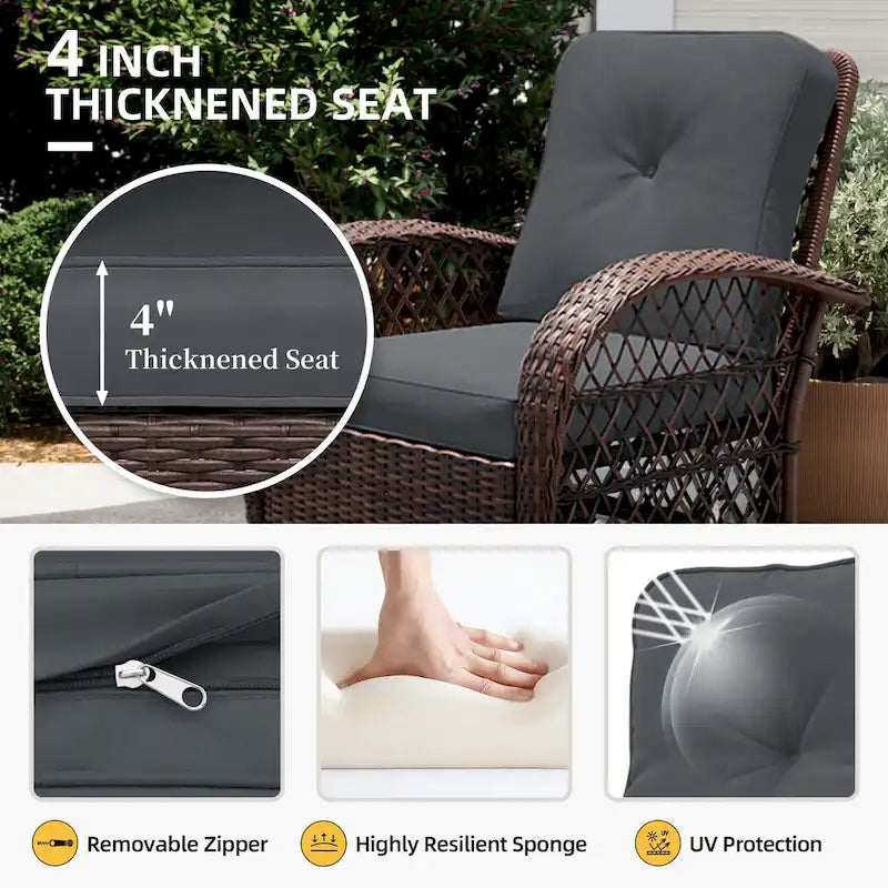 Ensemble de 3 fauteuils à bascule pivotants d'extérieur en osier UPHA avec table d'appoint et coussins