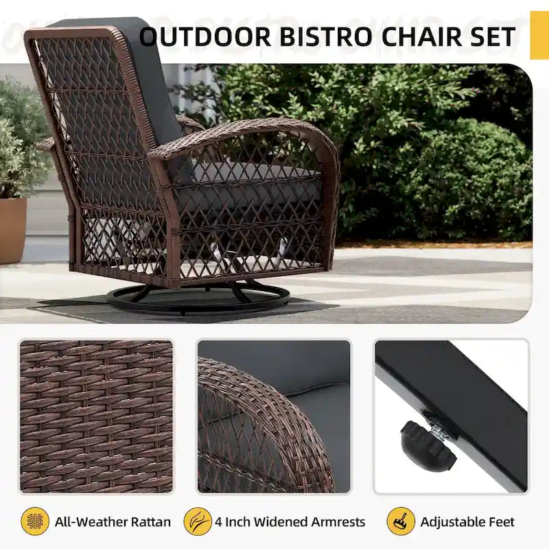 Ensemble de 3 fauteuils à bascule pivotants d'extérieur en osier UPHA avec table d'appoint et coussins