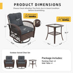 Ensemble de 3 fauteuils à bascule pivotants d'extérieur en osier UPHA avec table d'appoint et coussins