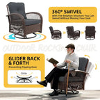 Ensemble de 3 fauteuils à bascule pivotants d'extérieur en osier UPHA avec table d'appoint et coussins