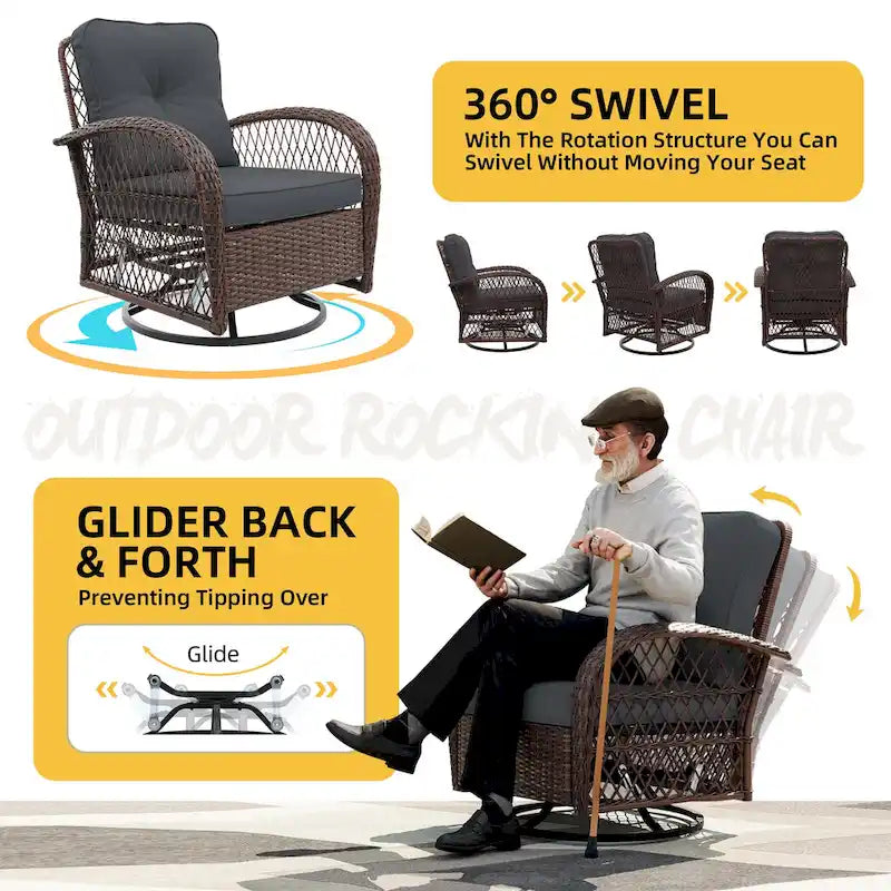 Ensemble de 3 fauteuils à bascule pivotants d'extérieur en osier UPHA avec table d'appoint et coussins