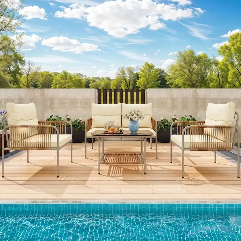 Ensemble de conversation en rotin tressé 4 pièces Moasis avec coussin beige et table basse