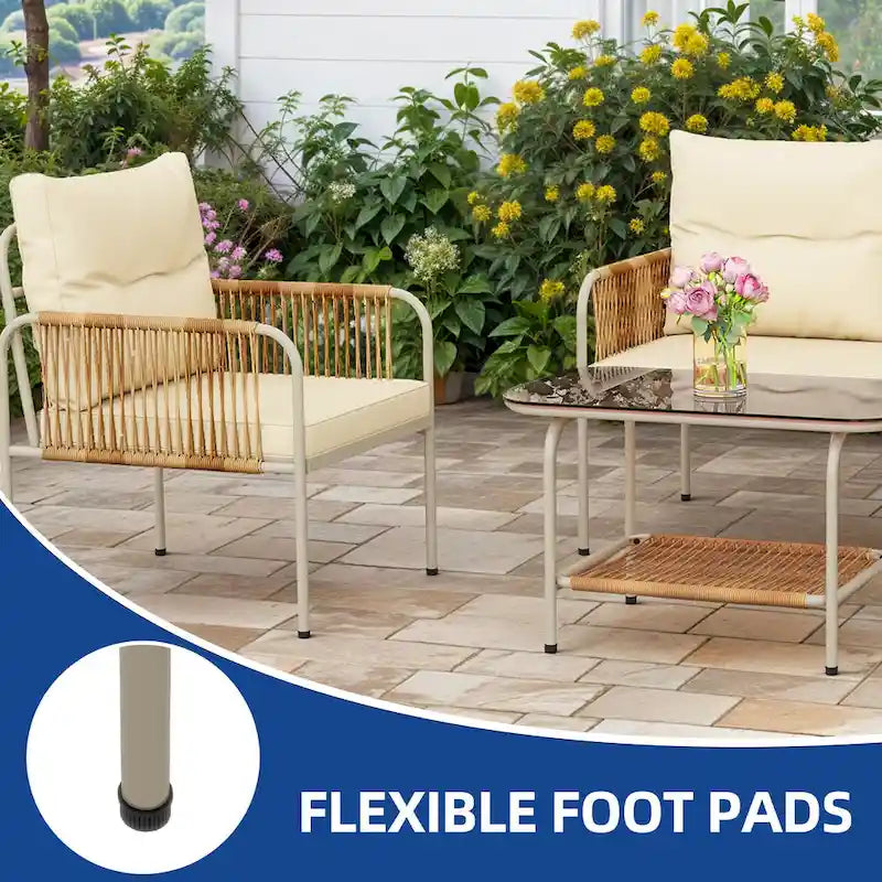 Ensemble de conversation en rotin tressé 4 pièces Moasis avec coussin beige et table basse