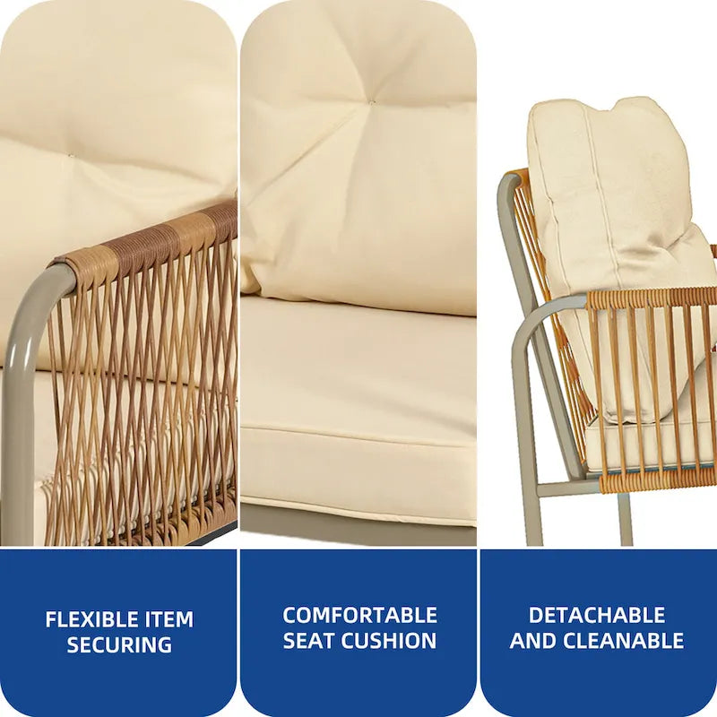 Ensemble de conversation en rotin tressé 4 pièces Moasis avec coussin beige et table basse