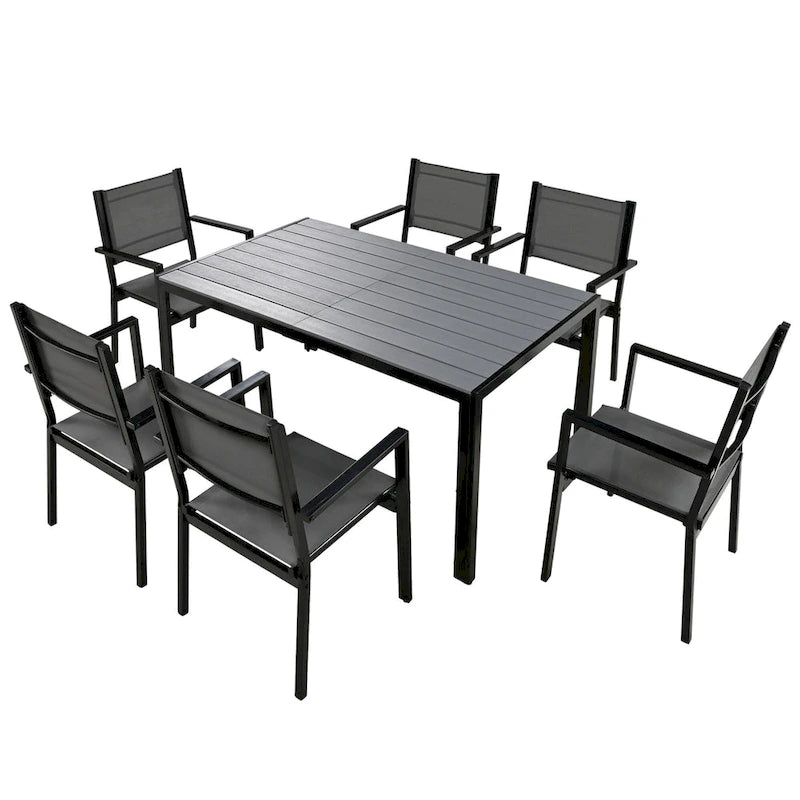 Ensemble de salle à manger d'extérieur 7 pièces, comprenant 6 chaises de patio empilables et une table rectangulaire pour patio ou balcon.