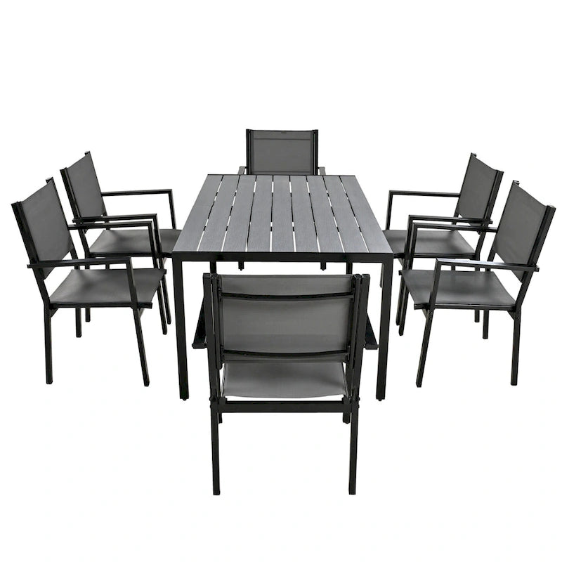 Ensemble de salle à manger d'extérieur 7 pièces, comprenant 6 chaises de patio empilables et une table rectangulaire pour patio ou balcon.