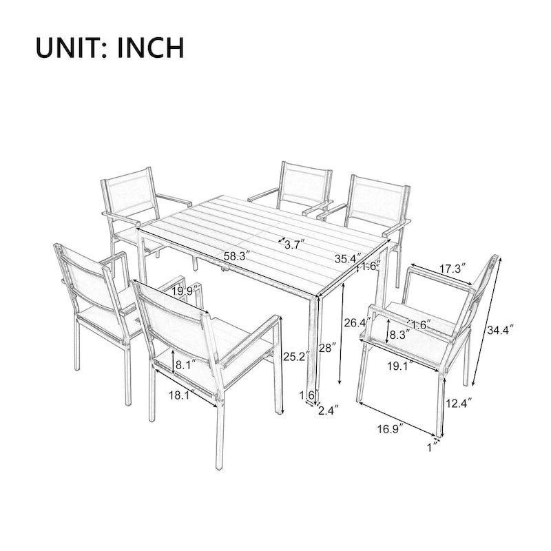 Ensemble de salle à manger d'extérieur 7 pièces, comprenant 6 chaises de patio empilables et une table rectangulaire pour patio ou balcon.