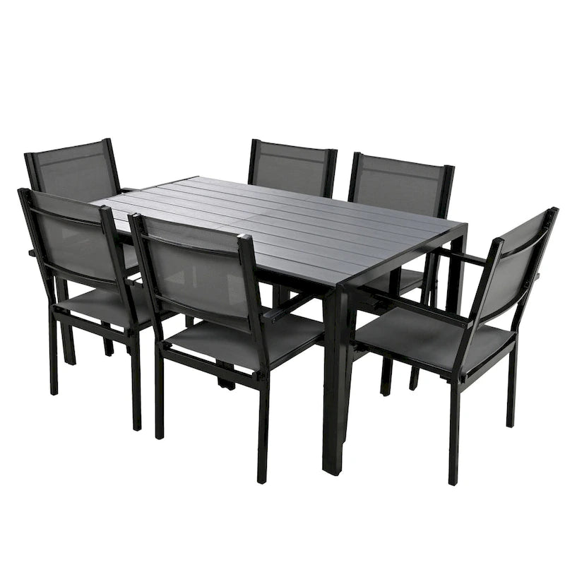 Ensemble de salle à manger d'extérieur 7 pièces, comprenant 6 chaises de patio empilables et une table rectangulaire pour patio ou balcon.