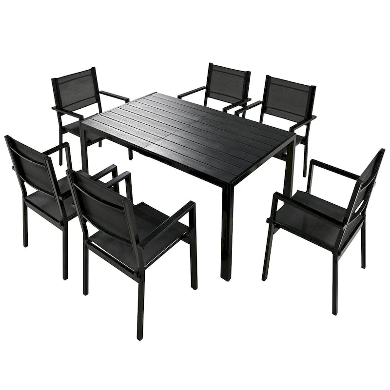 Ensemble de salle à manger d'extérieur 7 pièces, comprenant 6 chaises de patio empilables et une table rectangulaire pour patio ou balcon.