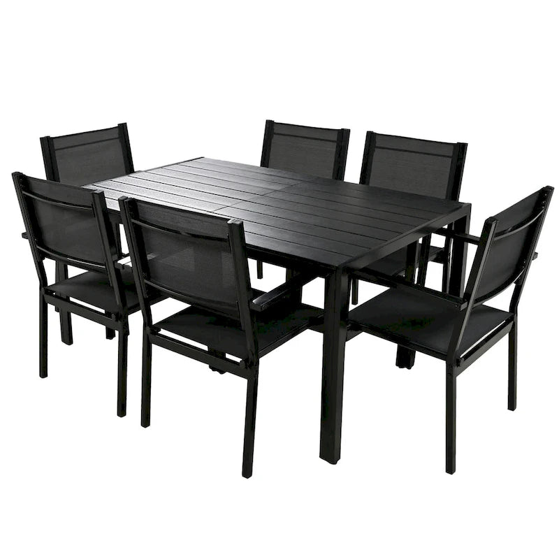 Ensemble de salle à manger d'extérieur 7 pièces, comprenant 6 chaises de patio empilables et une table rectangulaire pour patio ou balcon.