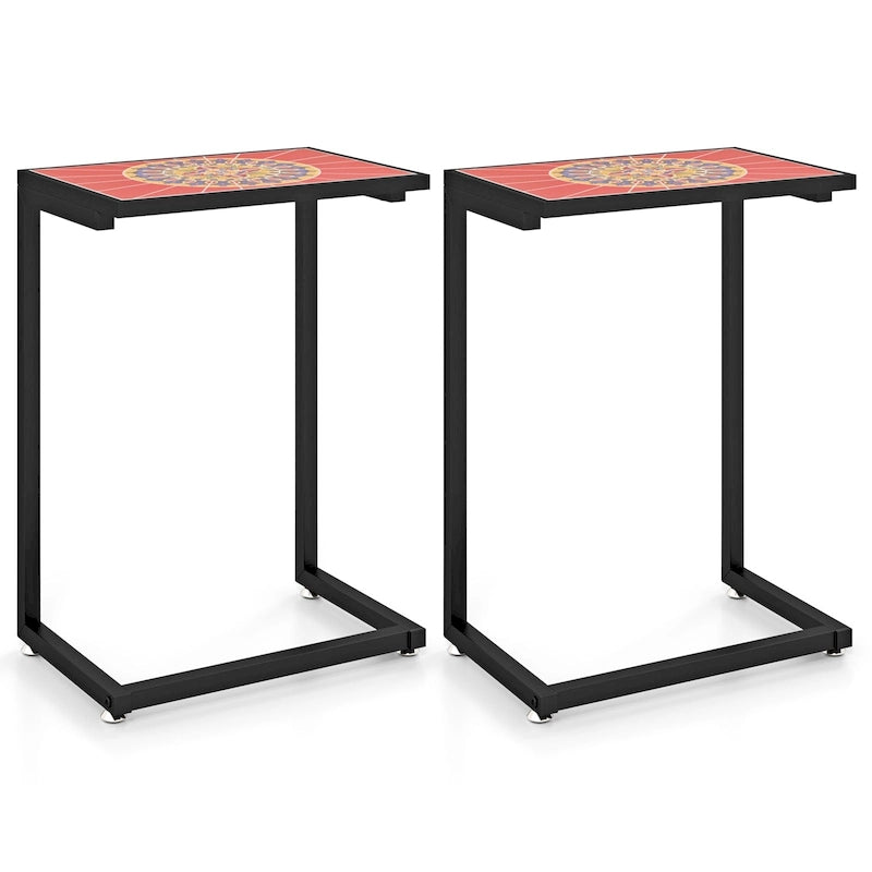 Table d'appoint d'extérieur Gymax 2PCS en forme de C avec plateau en carreaux de céramique et revêtement mosaïque