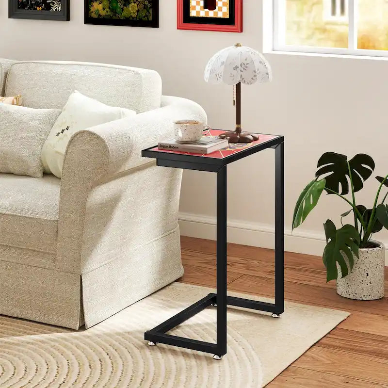 Table d'appoint d'extérieur Gymax 2PCS en forme de C avec plateau en carreaux de céramique et revêtement mosaïque