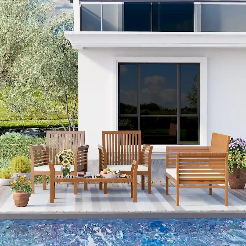 Ensemble de mobilier de patio en bois EROMMY 4 pièces avec coussins imperméables, ensemble de conversation extérieur pour jardin, cour et piscine