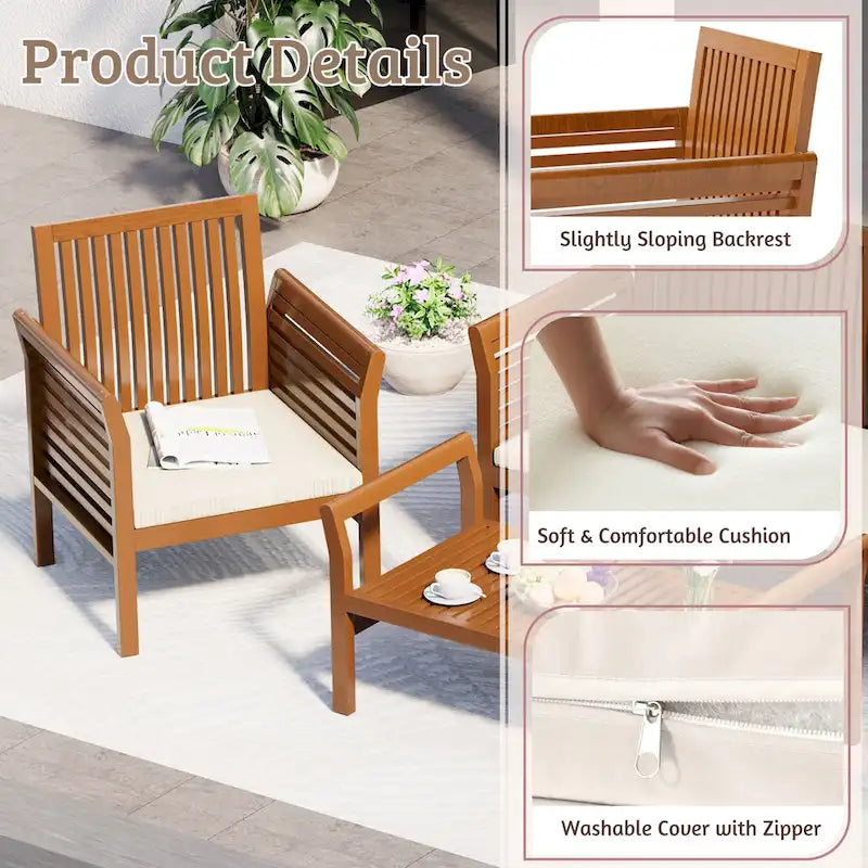 Ensemble de mobilier de patio en bois EROMMY 4 pièces avec coussins imperméables, ensemble de conversation extérieur pour jardin, cour et piscine