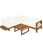 Ensemble de canapé d'angle en L avec table et chaises longues en bois, ensemble de conversation extérieur 4 pièces