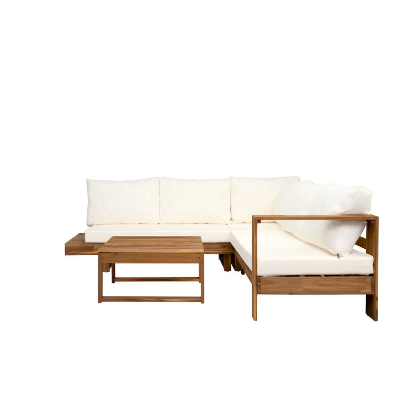 Ensemble de canapé d'angle en L avec table et chaises longues en bois, ensemble de conversation extérieur 4 pièces