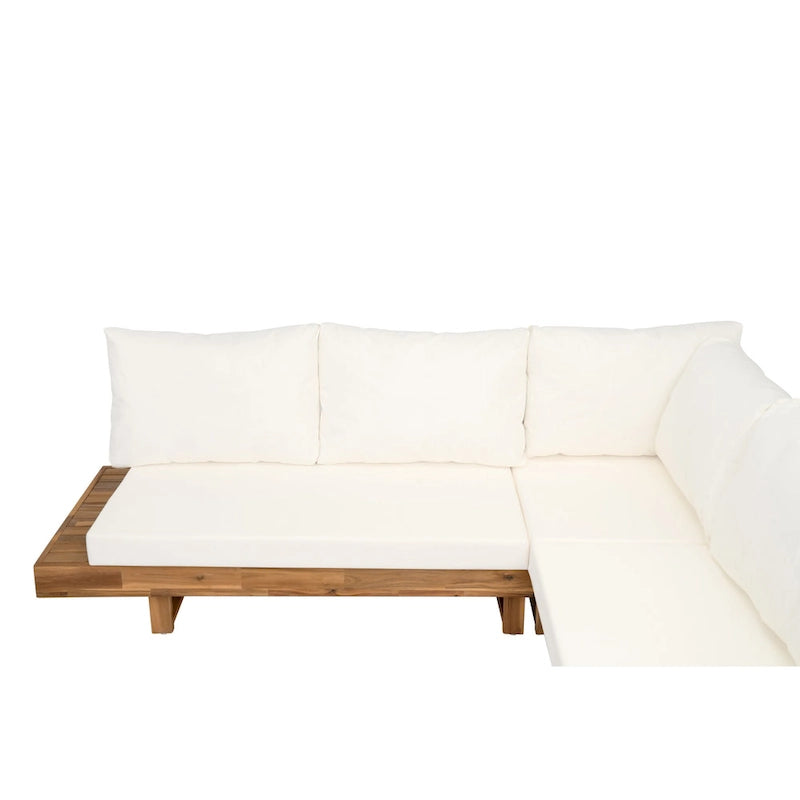 Ensemble de canapé d'angle en L avec table et chaises longues en bois, ensemble de conversation extérieur 4 pièces