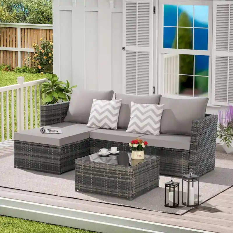 Outdoor Wicker L- Shaped 3-Seat Sofa Set with Ottoman and Coffee Table