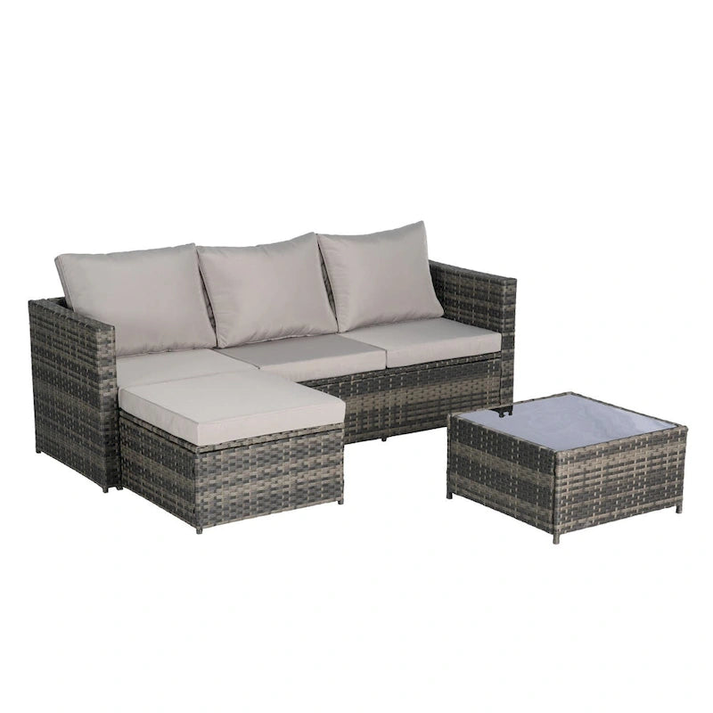 Ensemble canapé d'extérieur en résine tressée en forme de L, 3 places, avec pouf et table basse.