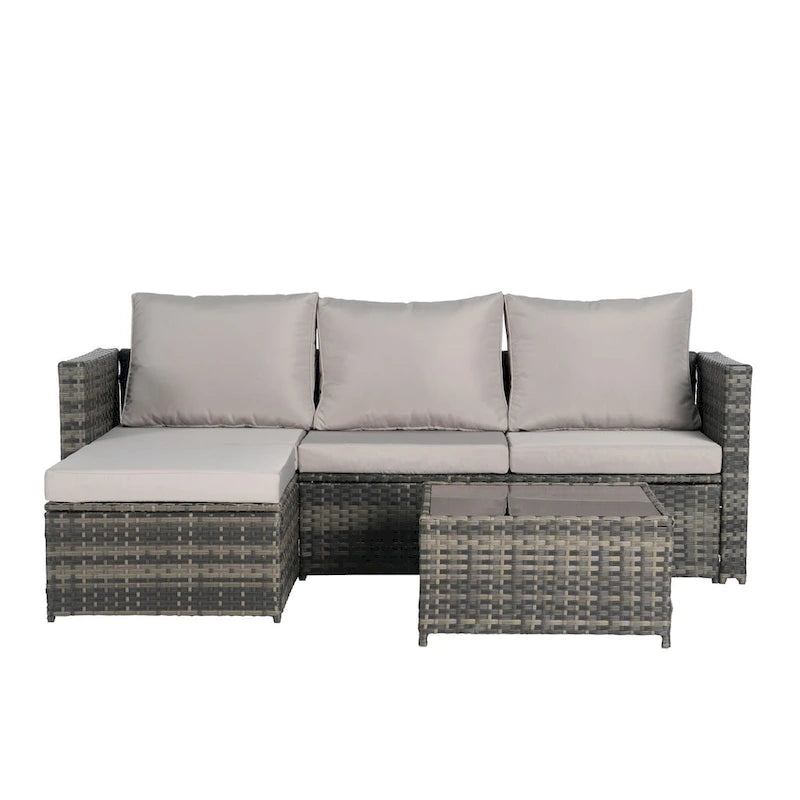 Ensemble canapé d'extérieur en résine tressée en forme de L, 3 places, avec pouf et table basse.