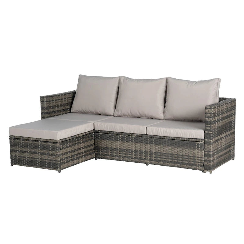 Ensemble canapé d'extérieur en résine tressée en forme de L, 3 places, avec pouf et table basse.