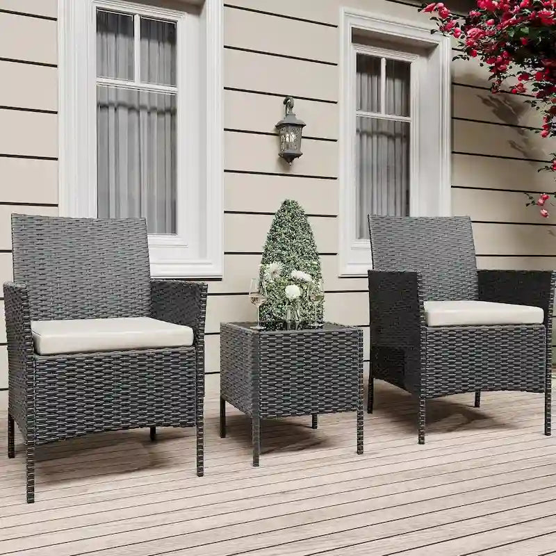 Ensemble de 3 chaises en rotin tressé avec table basse en verre