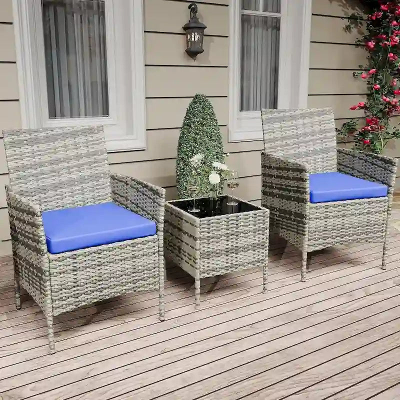 Ensemble de 3 chaises en rotin tressé avec table basse en verre