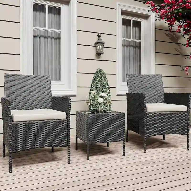 3 Pieces Rattan Wicker Chairs with Glass Coffee Table