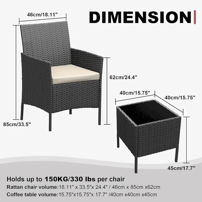 Ensemble de 3 chaises en rotin tressé avec table basse en verre