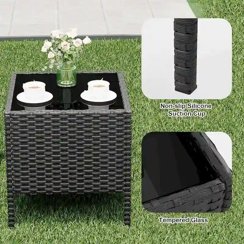 Ensemble de 3 chaises en rotin tressé avec table basse en verre