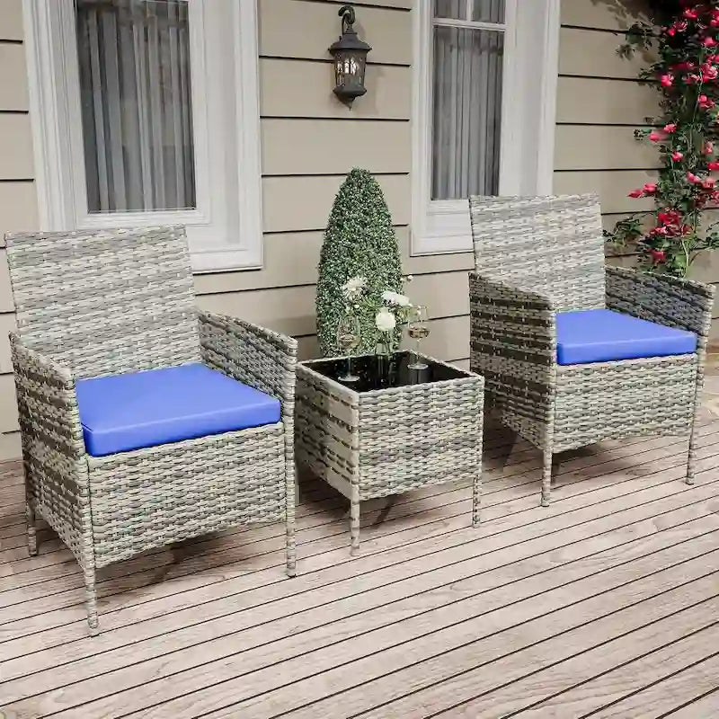 Ensemble de 3 chaises en rotin tressé avec table basse en verre
