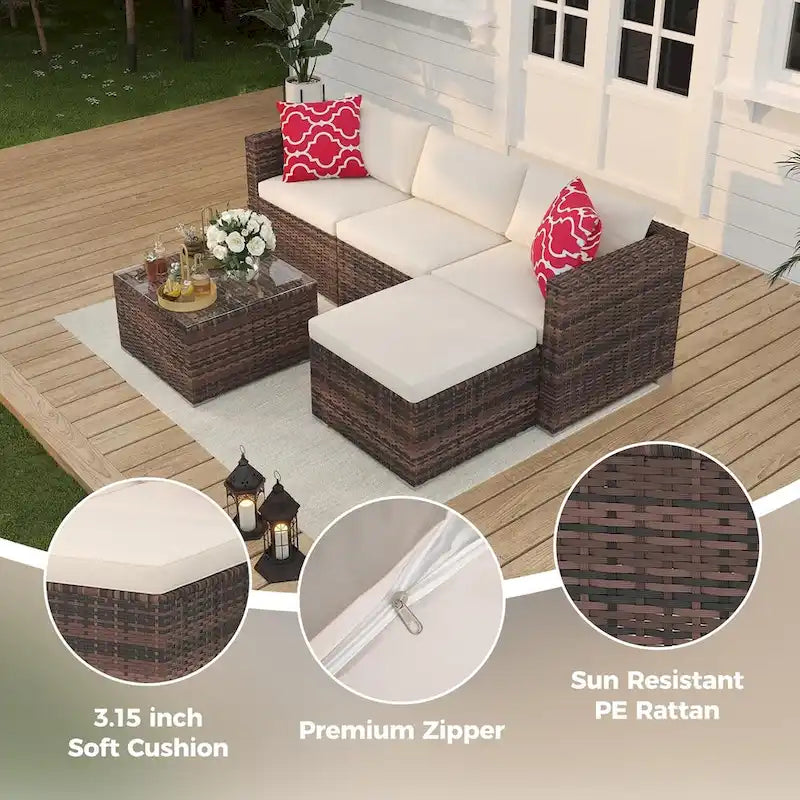 Ensemble de mobilier de patio 5 pièces, résistant aux intempéries - Résine tressée PE