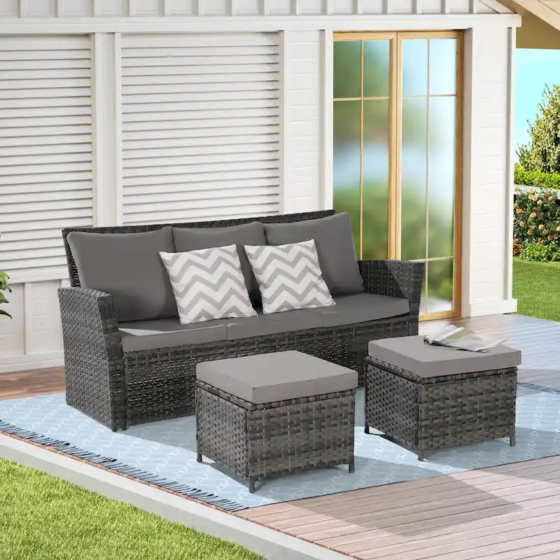 Ensemble de canapé d'extérieur 3 pièces avec poufs, résine tressée résistante aux intempéries