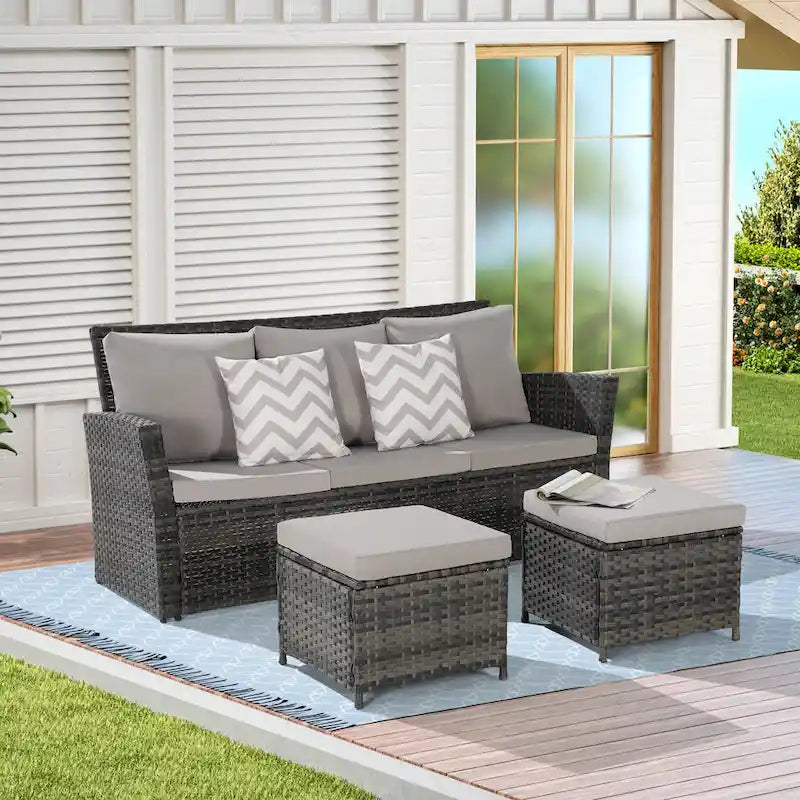 3-Piece Outdoor Sofa Set with Ottomans, All-Weather Wicker