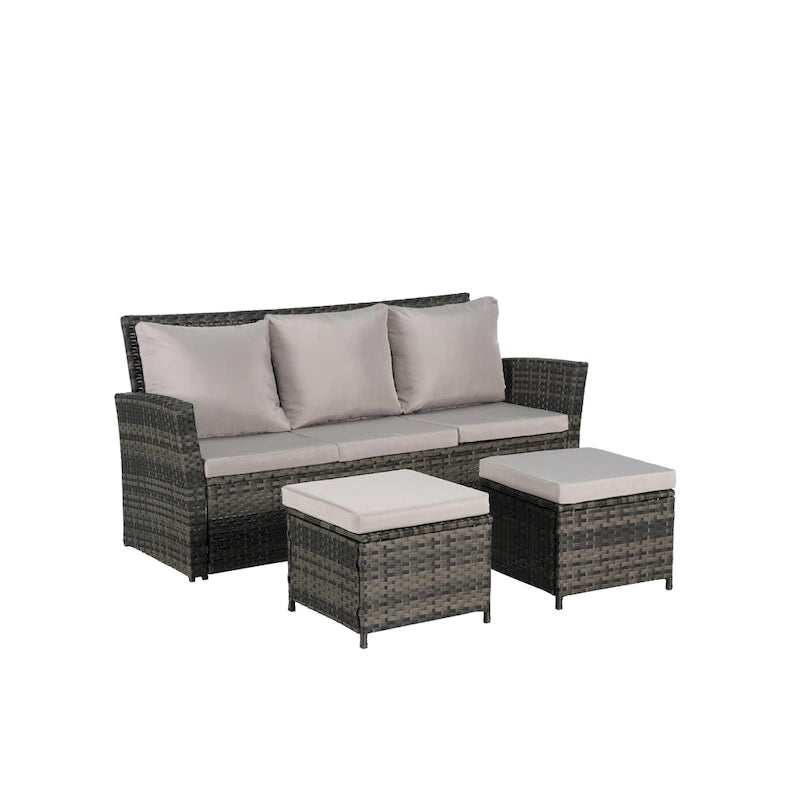 Ensemble de canapé d'extérieur 3 pièces avec poufs, résine tressée résistante aux intempéries