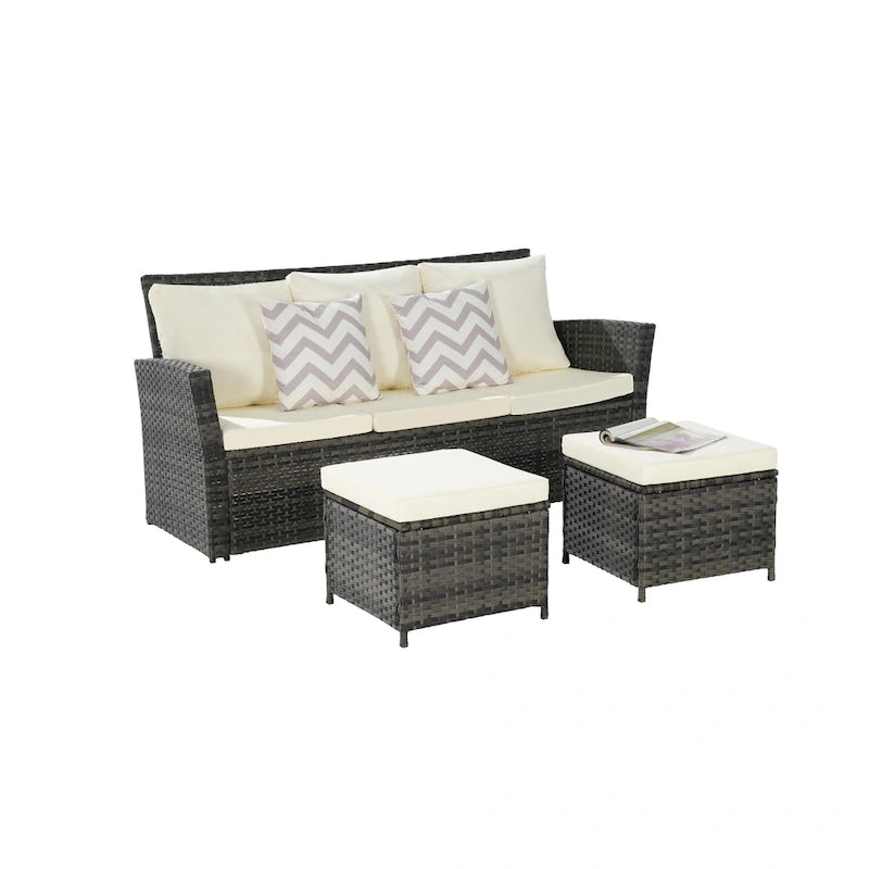 Ensemble de canapé d'extérieur 3 pièces avec poufs, résine tressée résistante aux intempéries