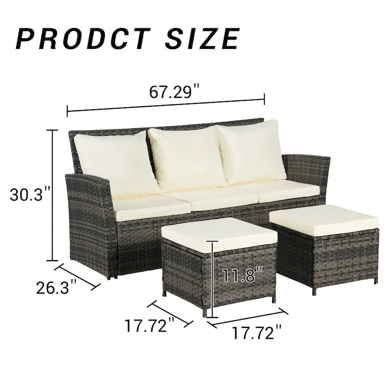 Ensemble de canapé d'extérieur 3 pièces avec poufs, résine tressée résistante aux intempéries