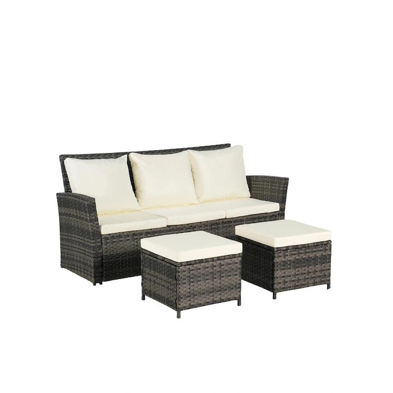 Ensemble de canapé d'extérieur 3 pièces avec poufs, résine tressée résistante aux intempéries