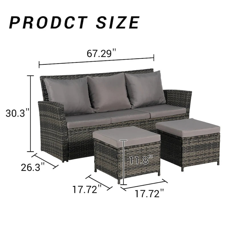 Ensemble de canapé d'extérieur 3 pièces avec poufs, résine tressée résistante aux intempéries